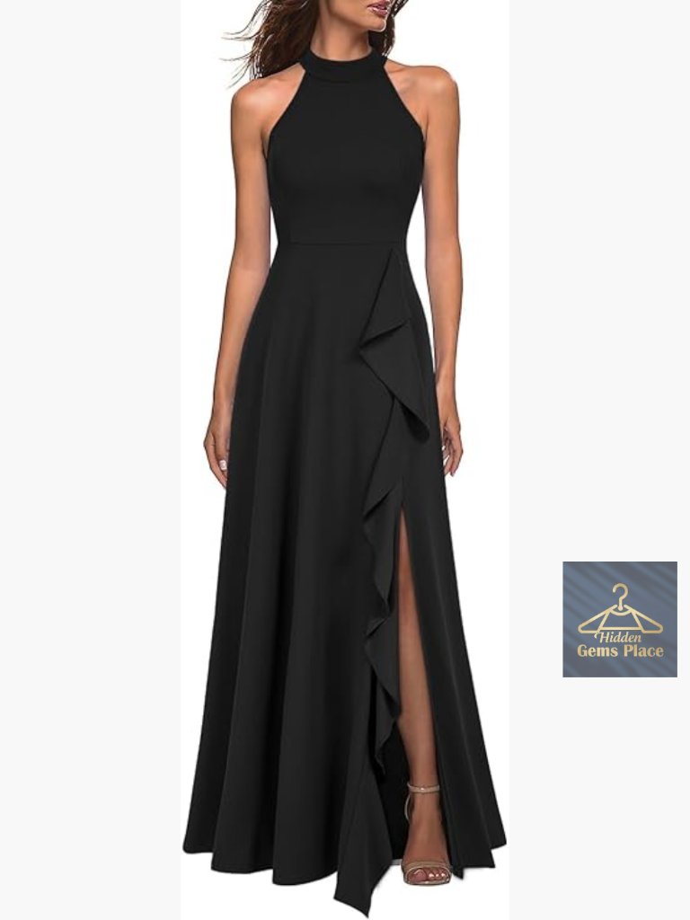 High Neck Sleeveless Maxi Dress Split Hem Formal Cocktail Party